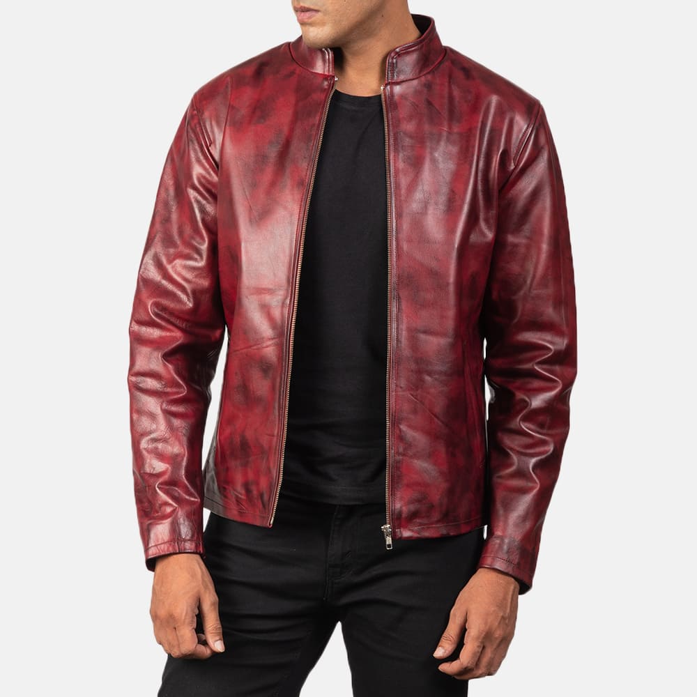 Burgano Distressed Burgundy Leather Jacket for Men