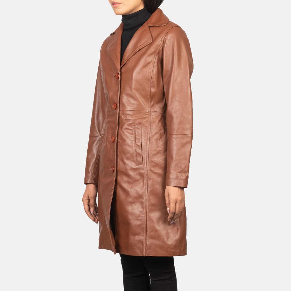 Victoria Brown Single-Breasted Leather Coat for Women