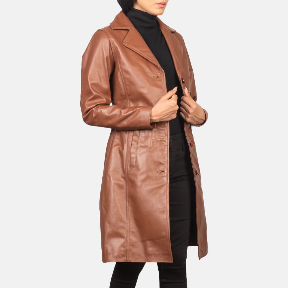Victoria Brown Single-Breasted Leather Coat for Women