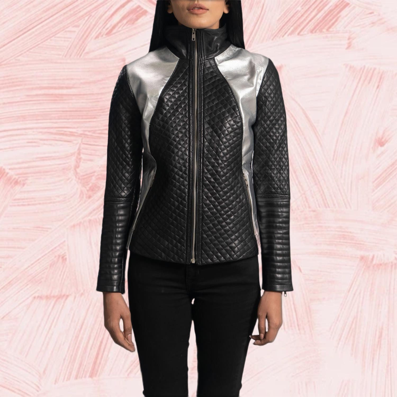 Alia Metallic Black Leather Biker Jacket