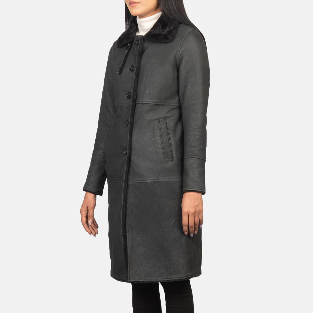 Amira Shearling Black Leather Coat for Women