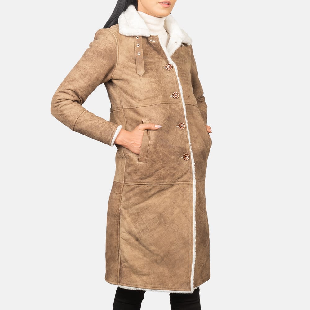 Amira Shearling Brown Leather Coat for Women