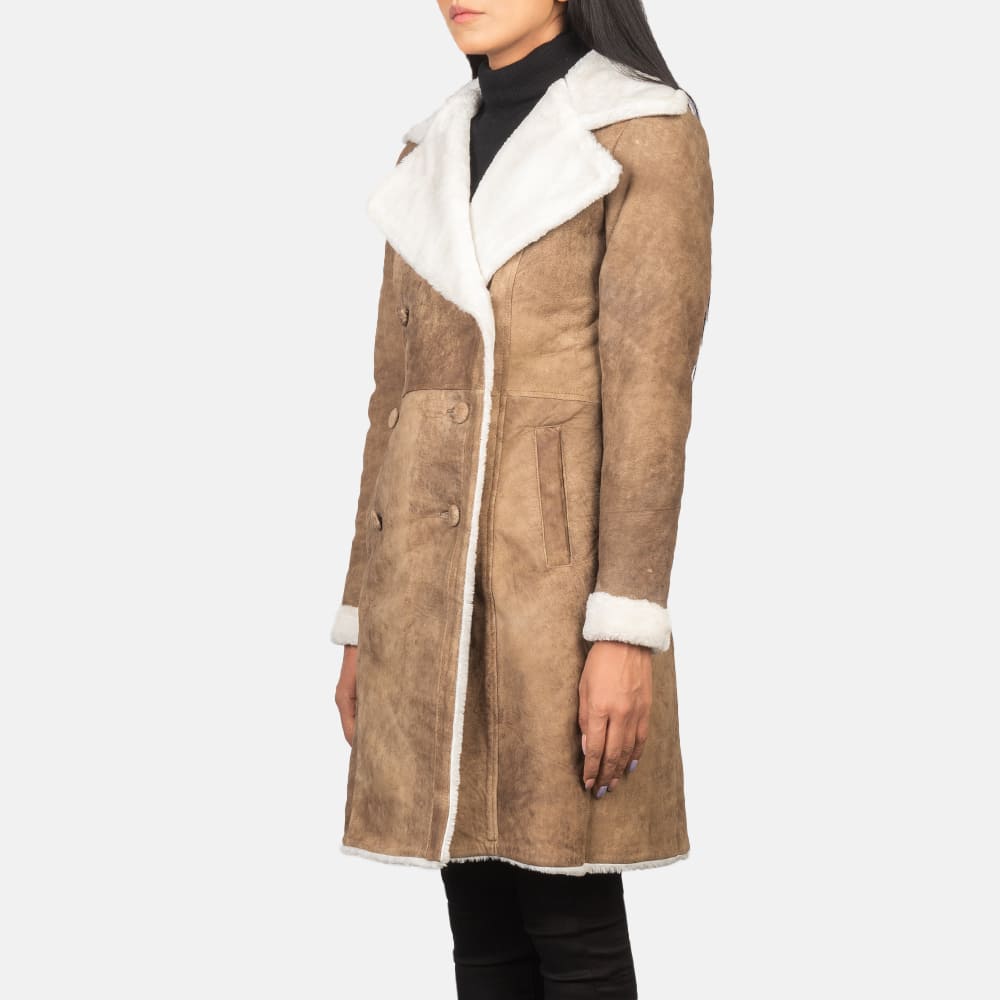 Ivy Distressed Brown Double Breasted Shearling Coat for Women