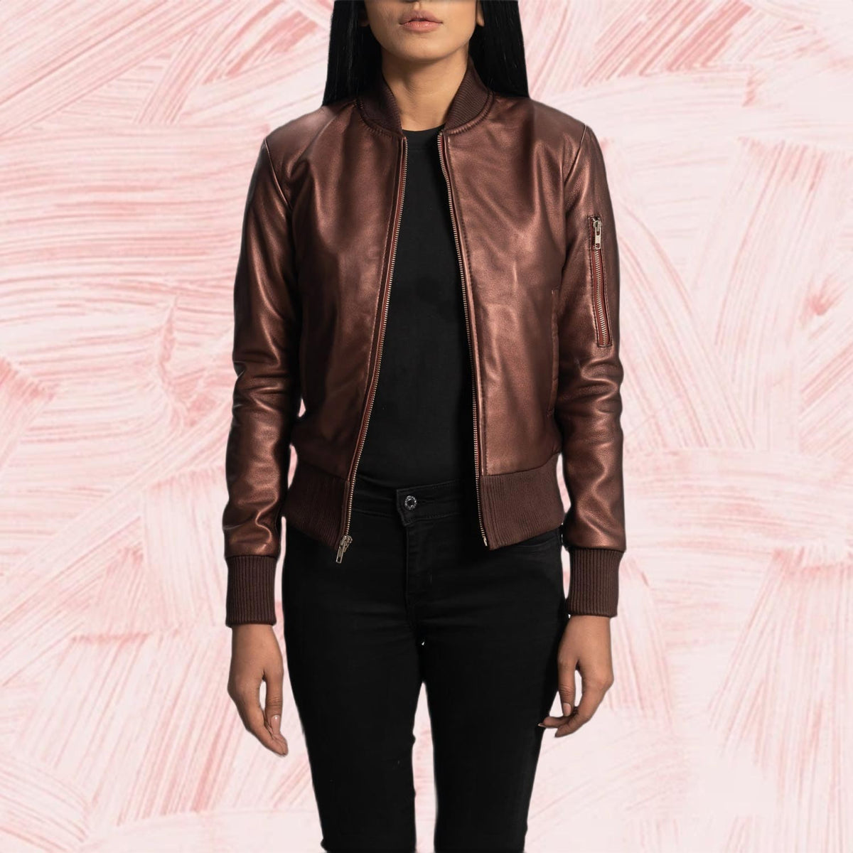 Aria Maroon Leather Bomber Jacket for Women