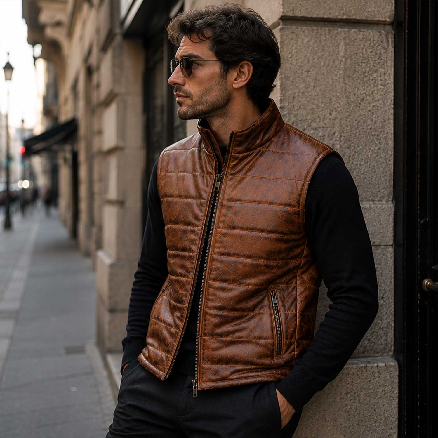 Ashcroft Cognac Leather Puffer Vest Mens Lifestyle Portrait