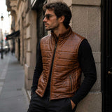 Ashcroft Cognac Leather Puffer Vest Mens Lifestyle Portrait