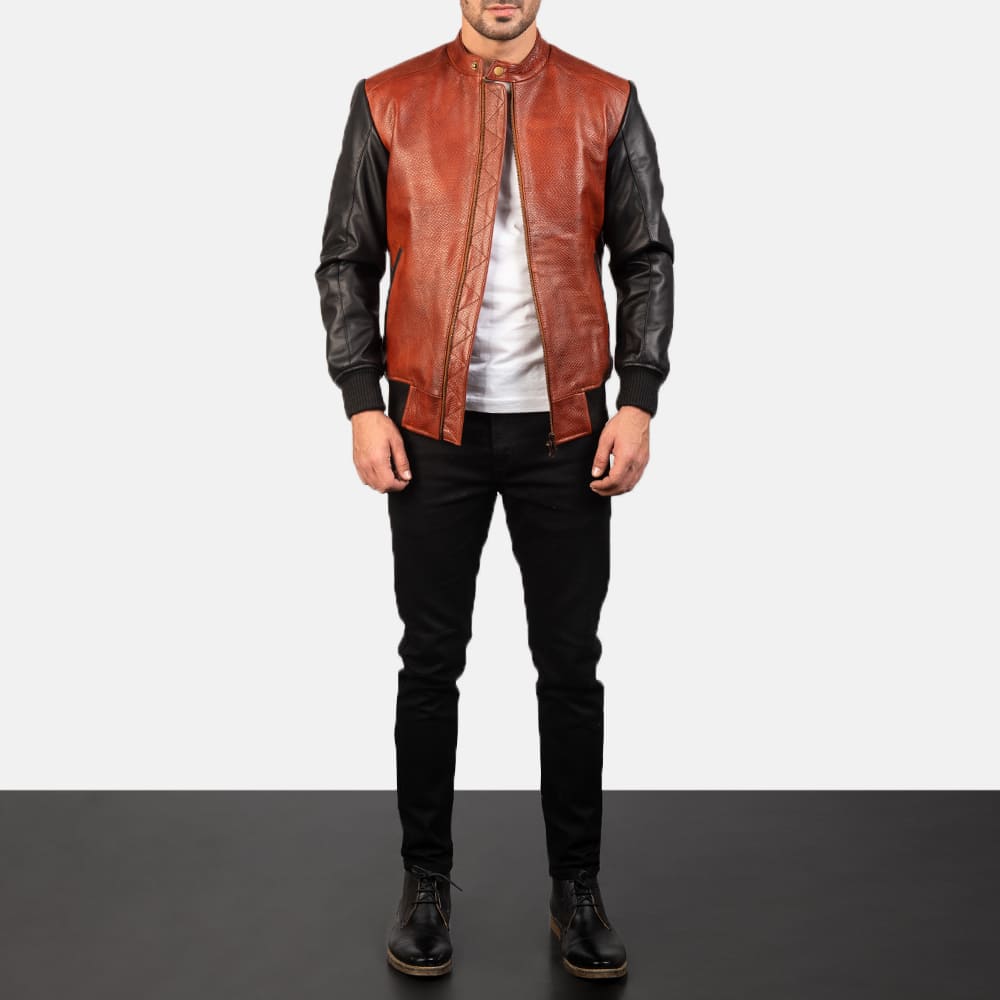Avenzo Black & Maroon Leather Bomber Jacket for Men