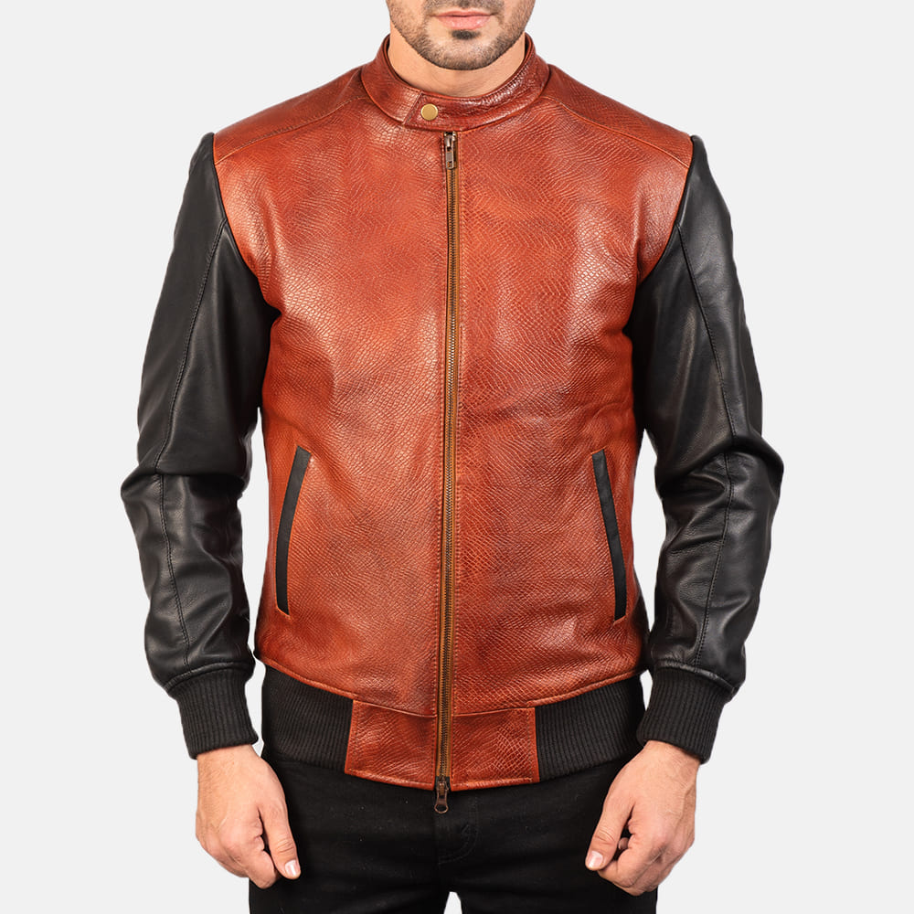 Avenzo Black & Maroon Leather Bomber Jacket for Men
