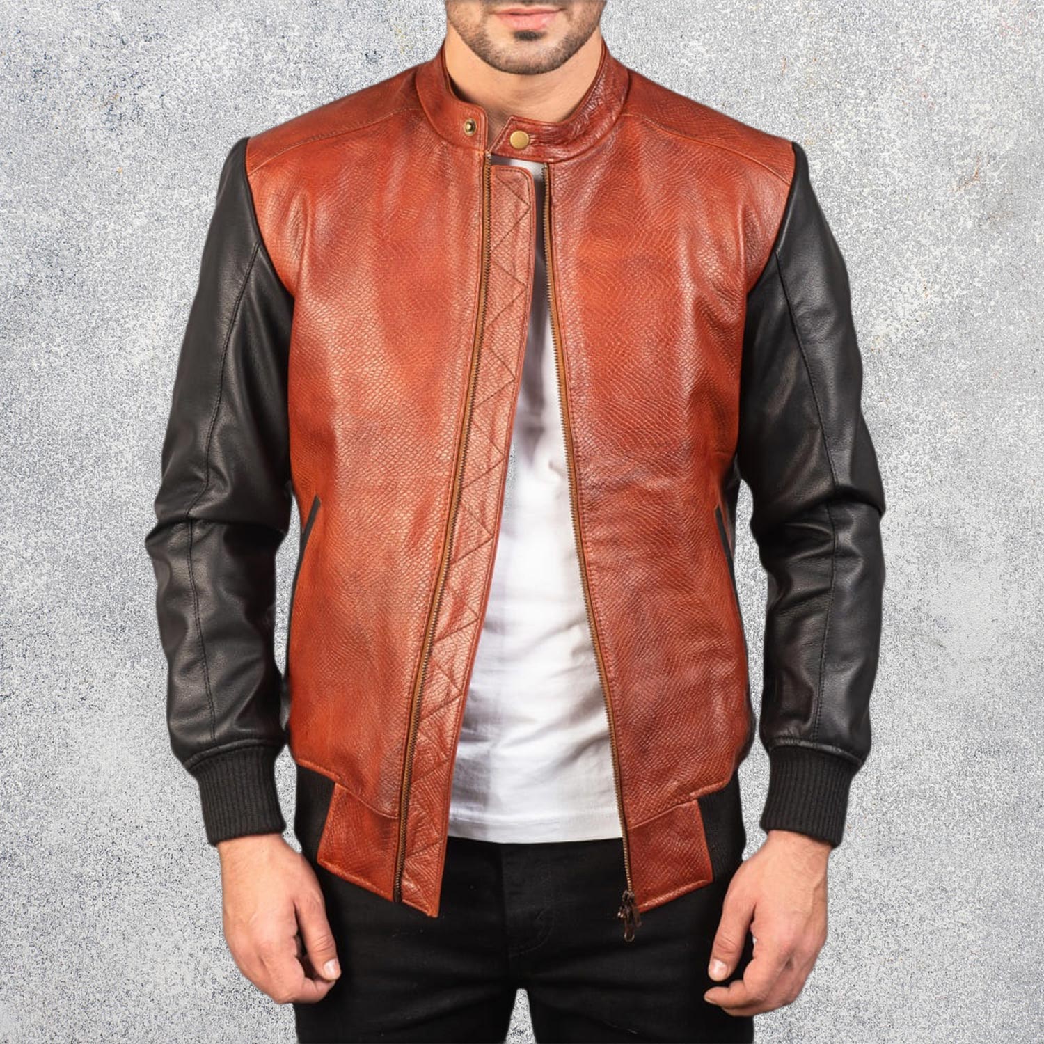Avenzo Black & Maroon Leather Bomber Jacket for Men