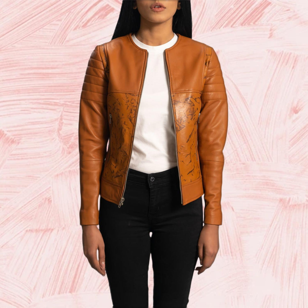 Avery Tan Dye Leather Biker Jacket for Women