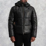 Axel Black Hooded Leather Puffer Jacket for Men