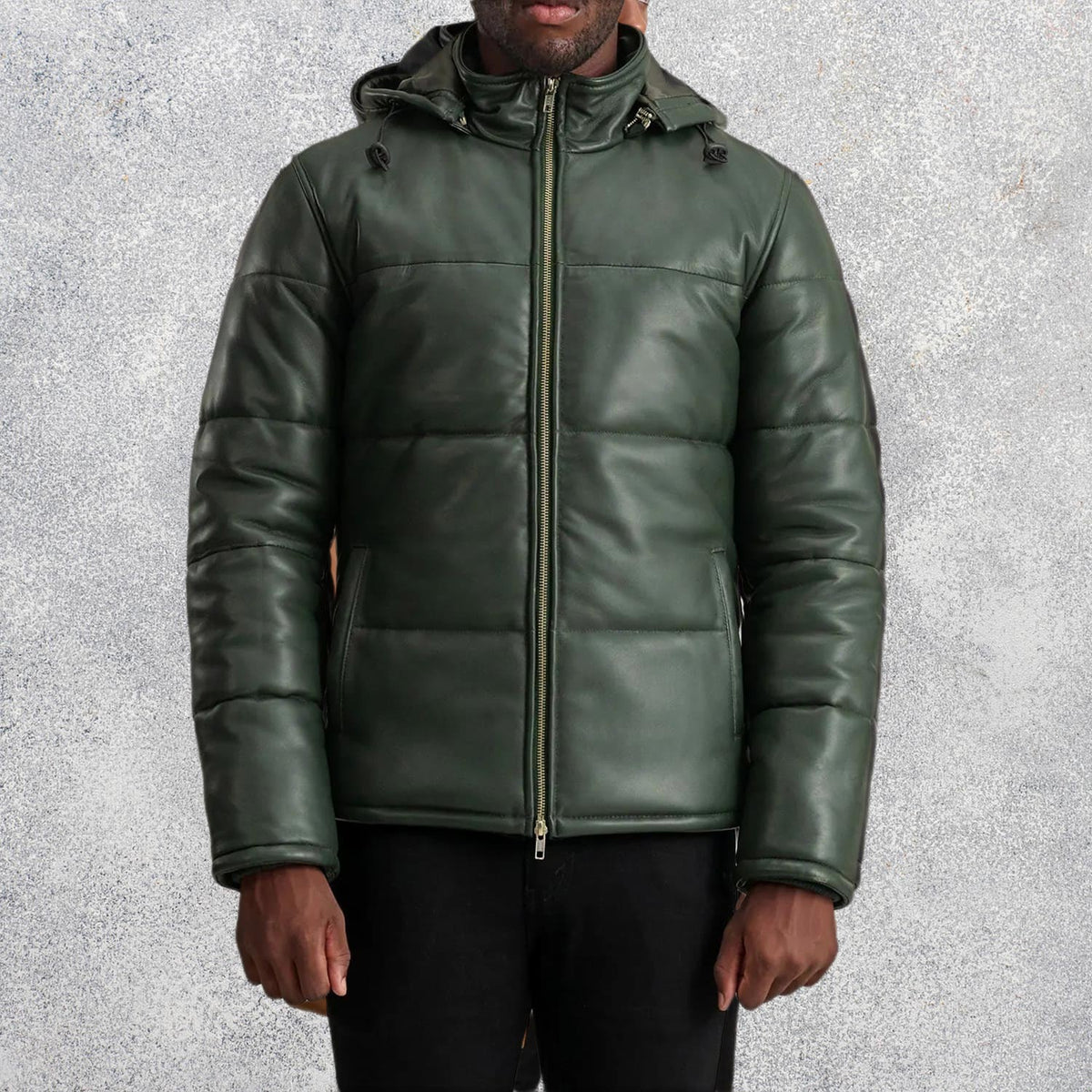 Axel Green Hooded Leather Puffer Jacket for Men