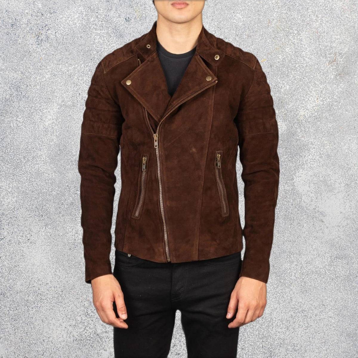 Axel Noir Men’s Leather Biker Jacket – Mocha Suede
