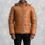 Axel Tan Hooded Leather Puffer Jacket for Men