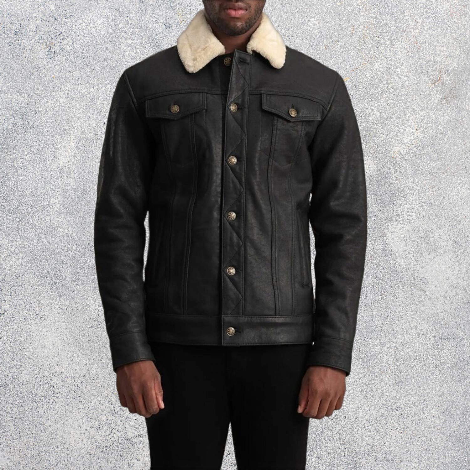 Axel Tumbled Black Shearling Trucker Sheepskin Jacket for Men