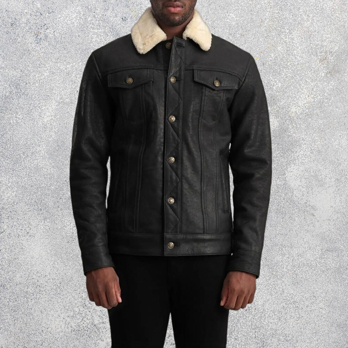Axel Tumbled Black Shearling Trucker Sheepskin Jacket for Men