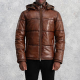 Axel Waxed Brown Hooded Leather Puffer Jacket for Men