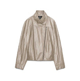 SaltCo Velnorra Beige Sheepskin Leather High Neck Bomber Jacket for Women