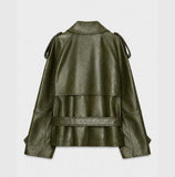 sage green leather trench coat, cropped leather trench coat, women leather coat, sheepskin leather jacket, belted leather trench, luxury women leather coat, green leather jacket women, smart casual leather coat, womens streetwear jacket, premium leather outerwear