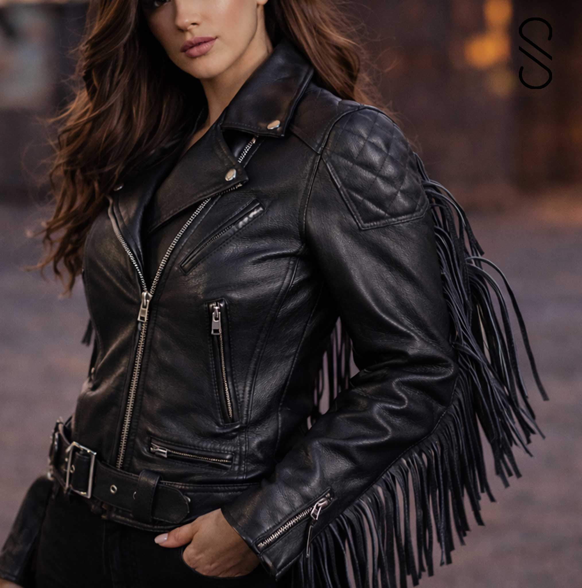 Women Black Fringe Leather Jacket