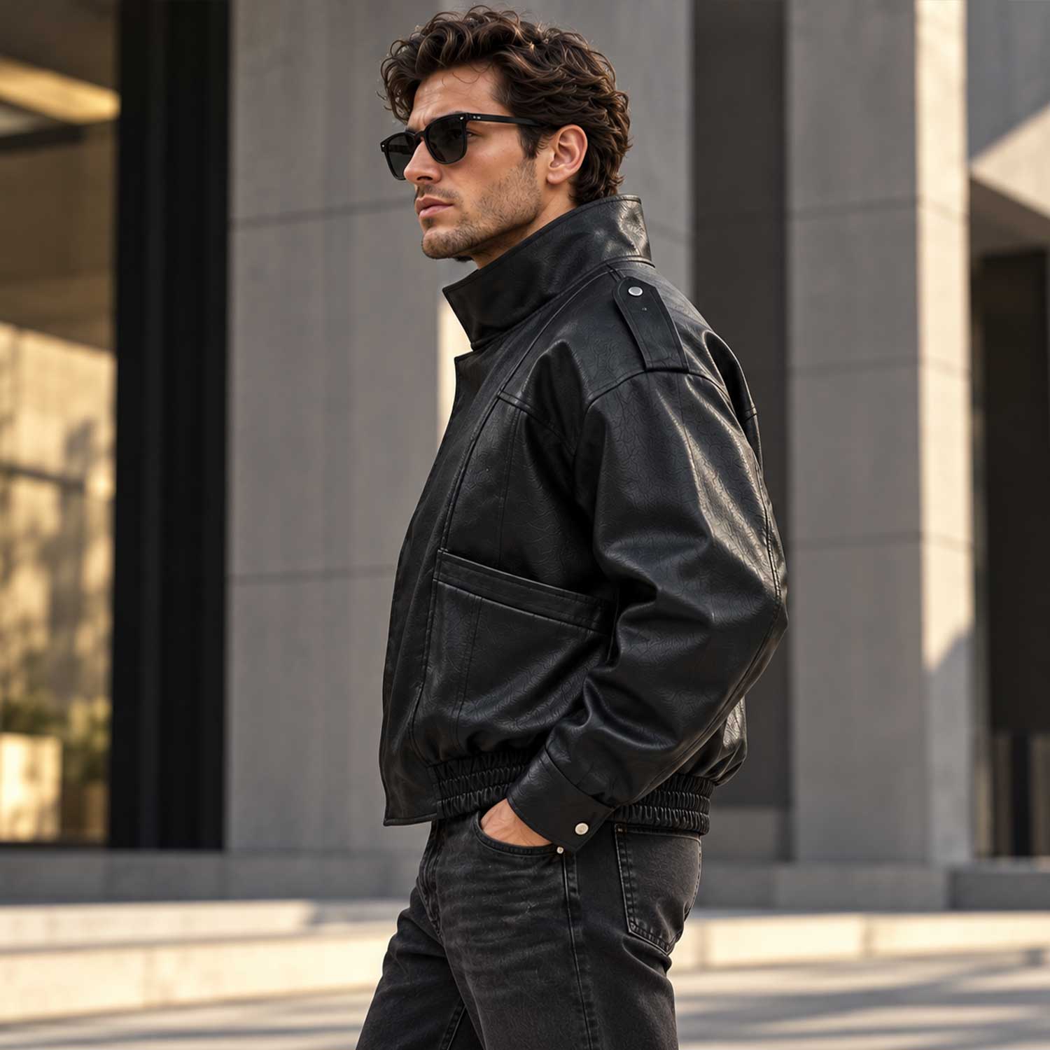 A man wearing a black leather jacket and dark sunglasses walks outdoors in front of a modern building with gray columns.