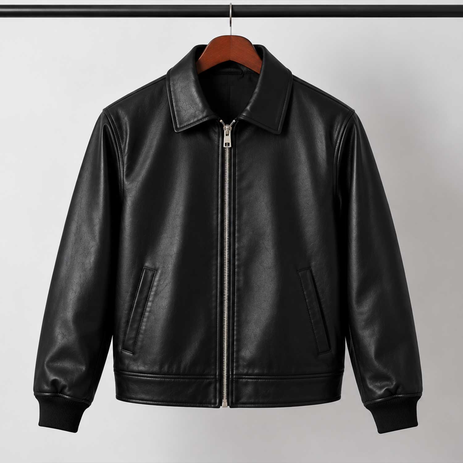 mens leather jacket
sheepskin jacket
leather bomber
black leather
mens bomber jacket
genuine leather
black bomber
zip up jacket
collared jacket
leather outerwear
mens casual jacket
minimalist jacket
classic bomber