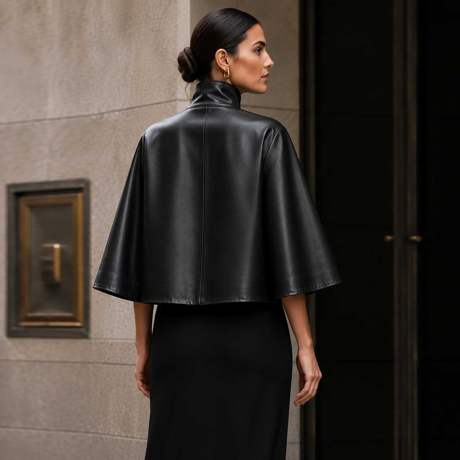 Black Sheepskin Leather Cape Jacket | High Neck Poncho | SaltCo