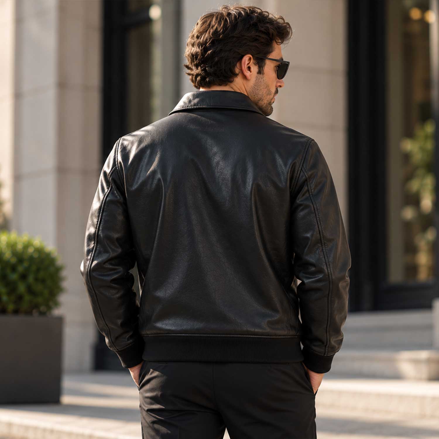 mens leather jacket
sheepskin jacket
leather bomber
black leather
mens bomber jacket
genuine leather
black bomber
zip up jacket
collared jacket
leather outerwear
mens casual jacket
minimalist jacket
classic bomber