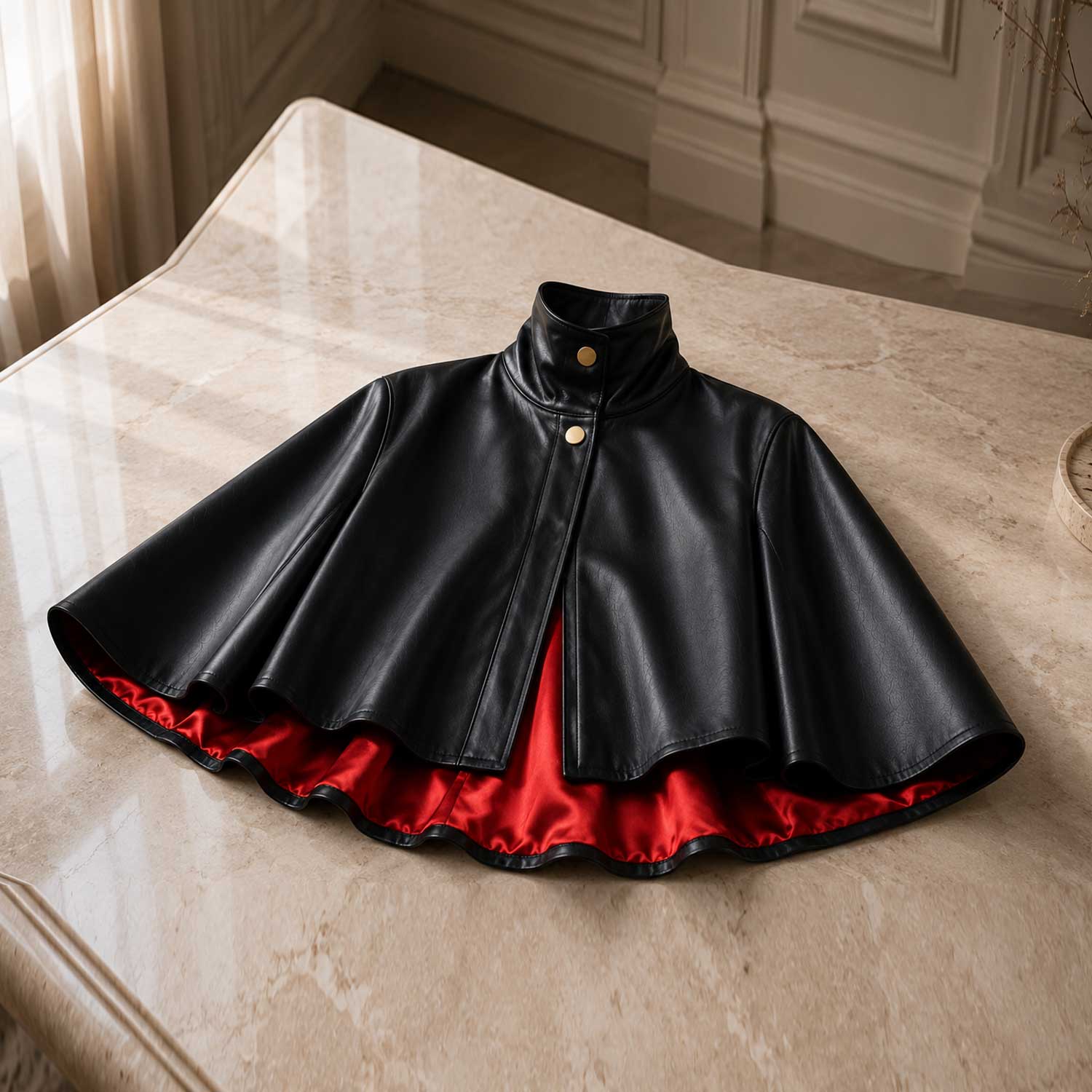 Front view of black sheepskin leather cape jacket with high-neck collar.
Side profile of genuine black leather cape with red satin lining.
Back view of handcrafted sheepskin leather cape jacket.
Close-up of high-neck snap-button collar on black leather cape.
Smooth premium sheepskin leather texture detail.
Luxury red satin lining inside black leather cape.
Flat-lay of black leather cape on a light marble table.
Women's luxury black leather cape in an editorial fashion photoshoot.