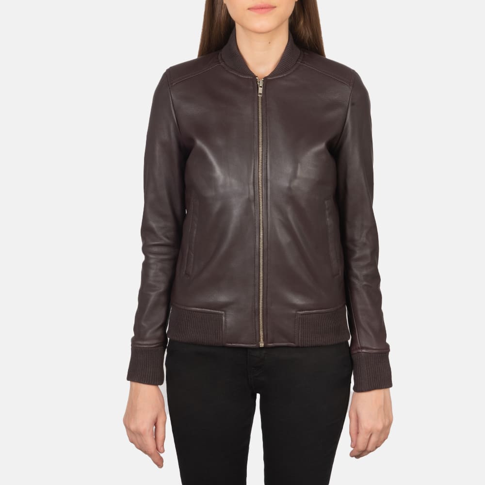 Serena Maroon Leather Bomber Jacket for Women