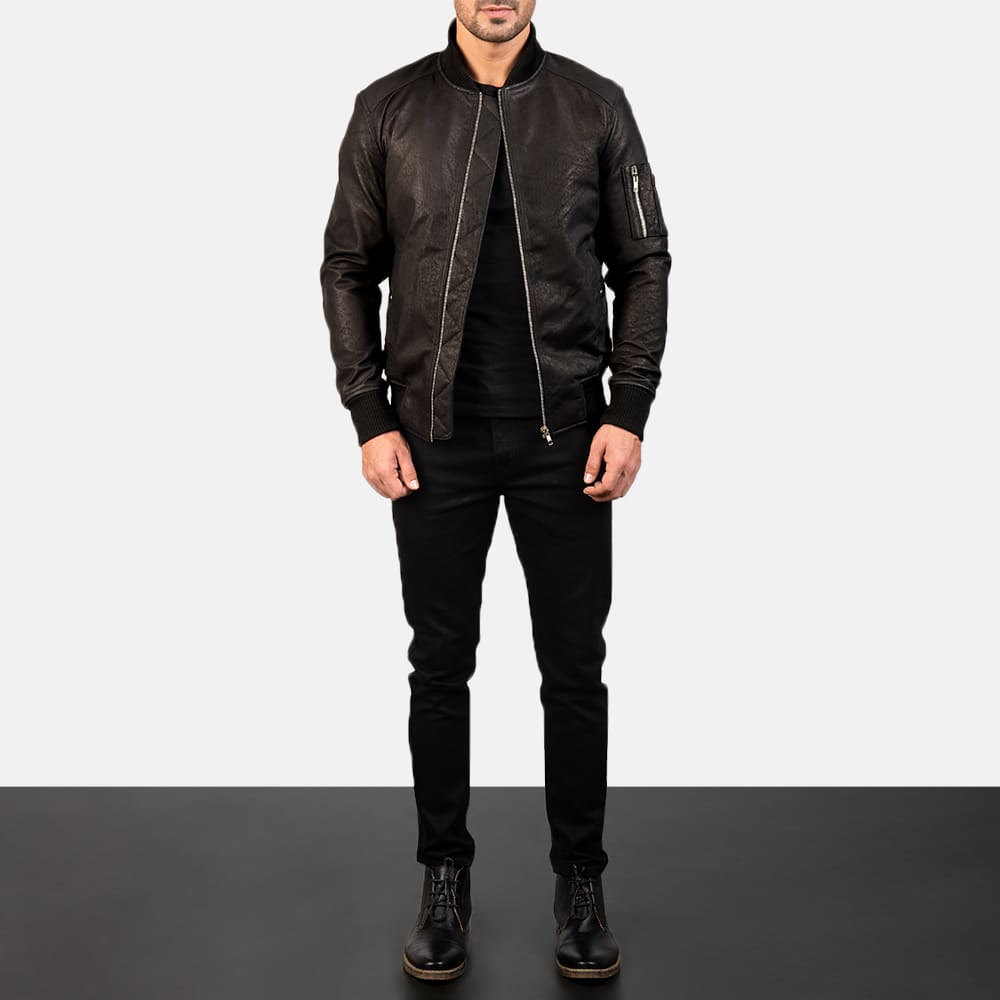 Baron MA-1 Distressed Black Men's Leather Bomber Jacket