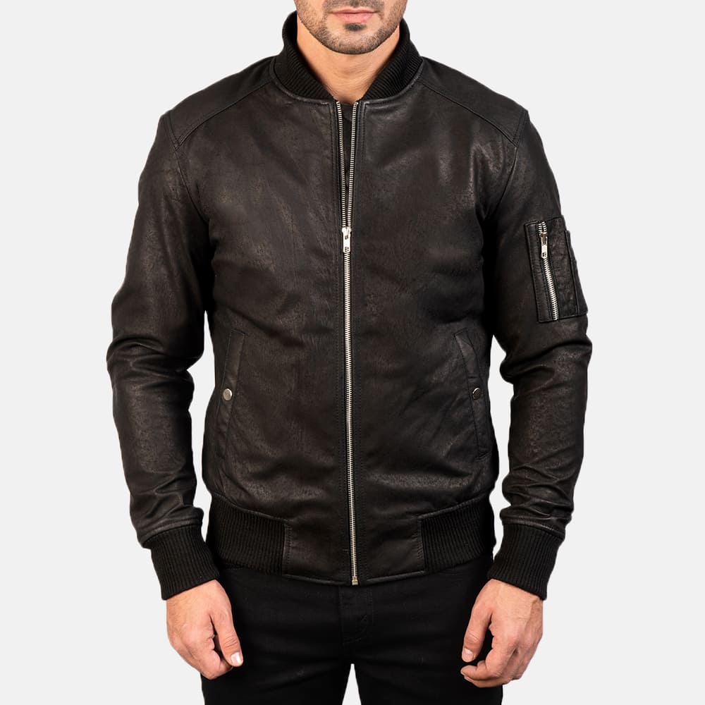 Baron MA-1 Distressed Black Men's Leather Bomber Jacket