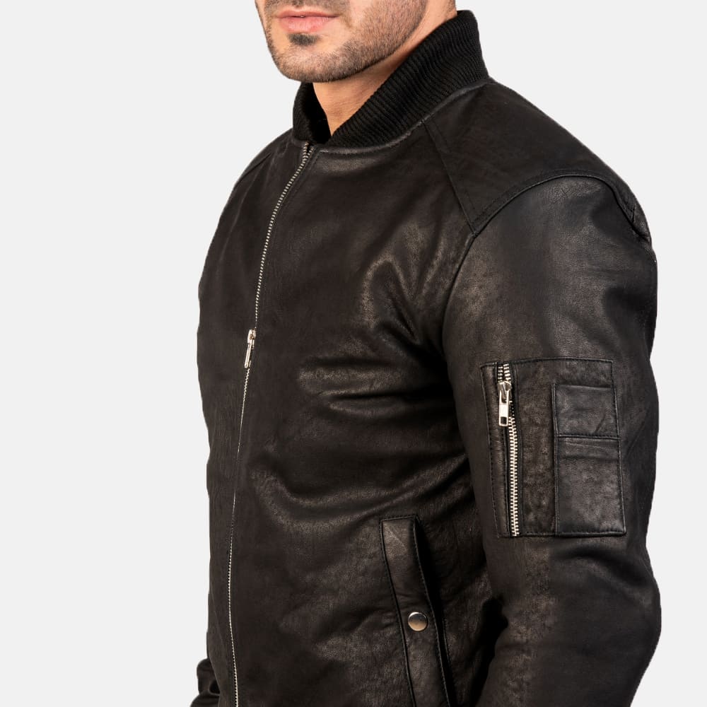 Baron MA-1 Distressed Black Men's Leather Bomber Jacket