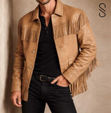 Brown Leather Biker Jacket with Handcut Tassels