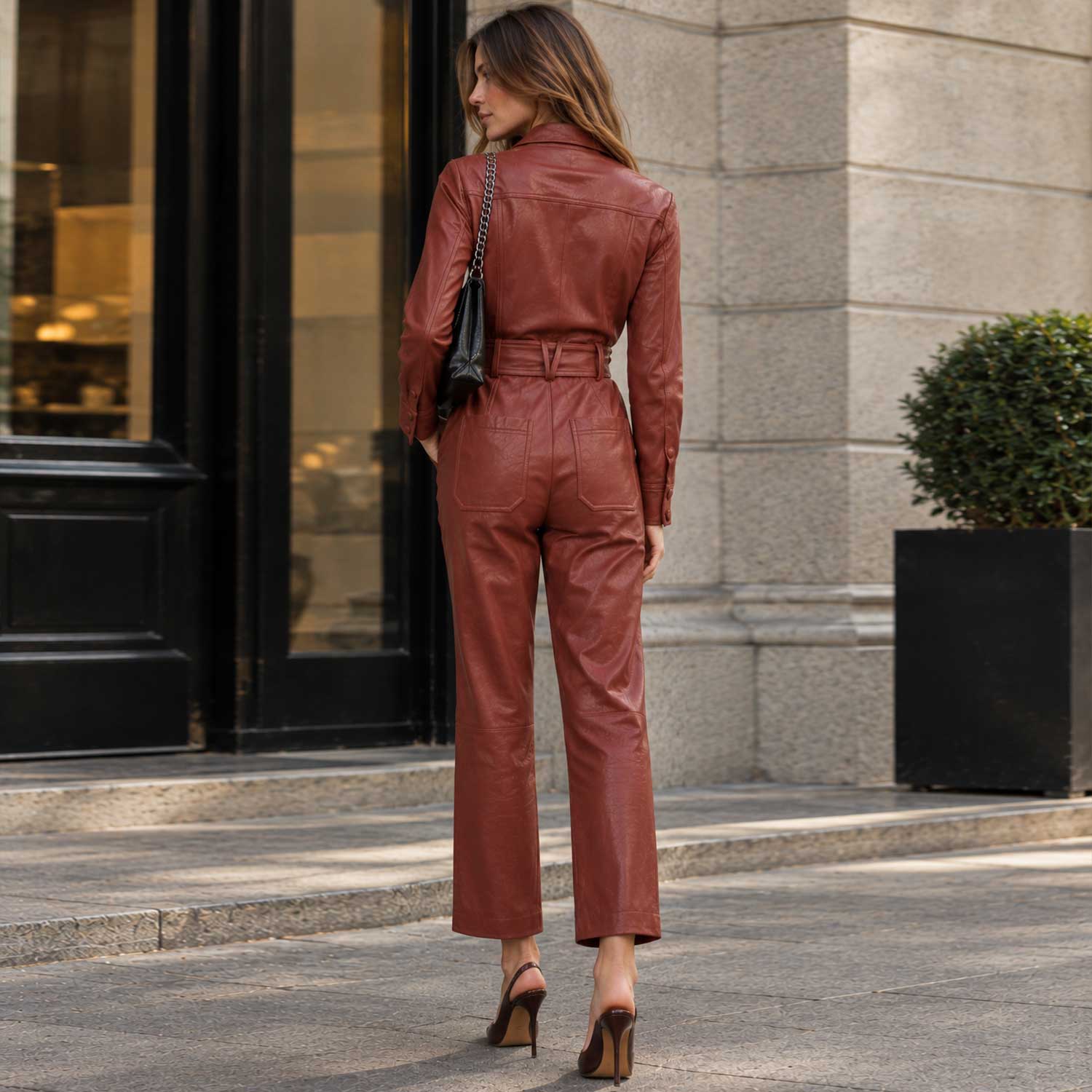 leather jumpsuit, brown jumpsuit, sheepskin leather, womens jumpsuit, belted jumpsuit, genuine leather, leather one piece, brown leather, leather outfit, womens leather, statement outfit, leather fashion, leather romper