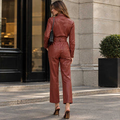 leather jumpsuit, brown jumpsuit, sheepskin leather, womens jumpsuit, belted jumpsuit, genuine leather, leather one piece, brown leather, leather outfit, womens leather, statement outfit, leather fashion, leather romper