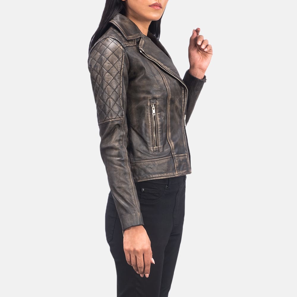 Outer Shell: Real Leather Leather Type: Goatskin Leather Finish: Rub-off Inner Shell: Quilted Polyester Lining Closure Style: Zipper Collar Style: Notch Cuff Style: Zipper Outside Pockets: Two Inside Pockets: Two Color: Distressed Brown