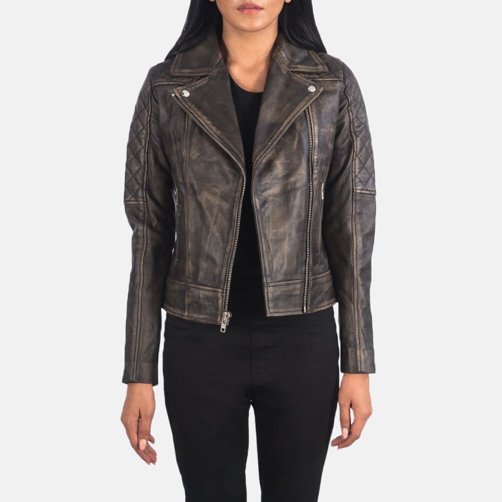 Outer Shell: Real Leather Leather Type: Goatskin Leather Finish: Rub-off Inner Shell: Quilted Polyester Lining Closure Style: Zipper Collar Style: Notch Cuff Style: Zipper Outside Pockets: Two Inside Pockets: Two Color: Distressed Brown