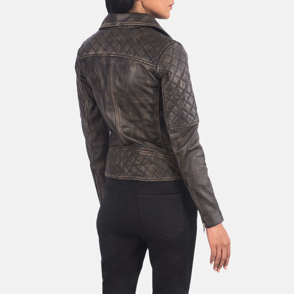 Outer Shell: Real Leather Leather Type: Goatskin Leather Finish: Rub-off Inner Shell: Quilted Polyester Lining Closure Style: Zipper Collar Style: Notch Cuff Style: Zipper Outside Pockets: Two Inside Pockets: Two Color: Distressed Brown