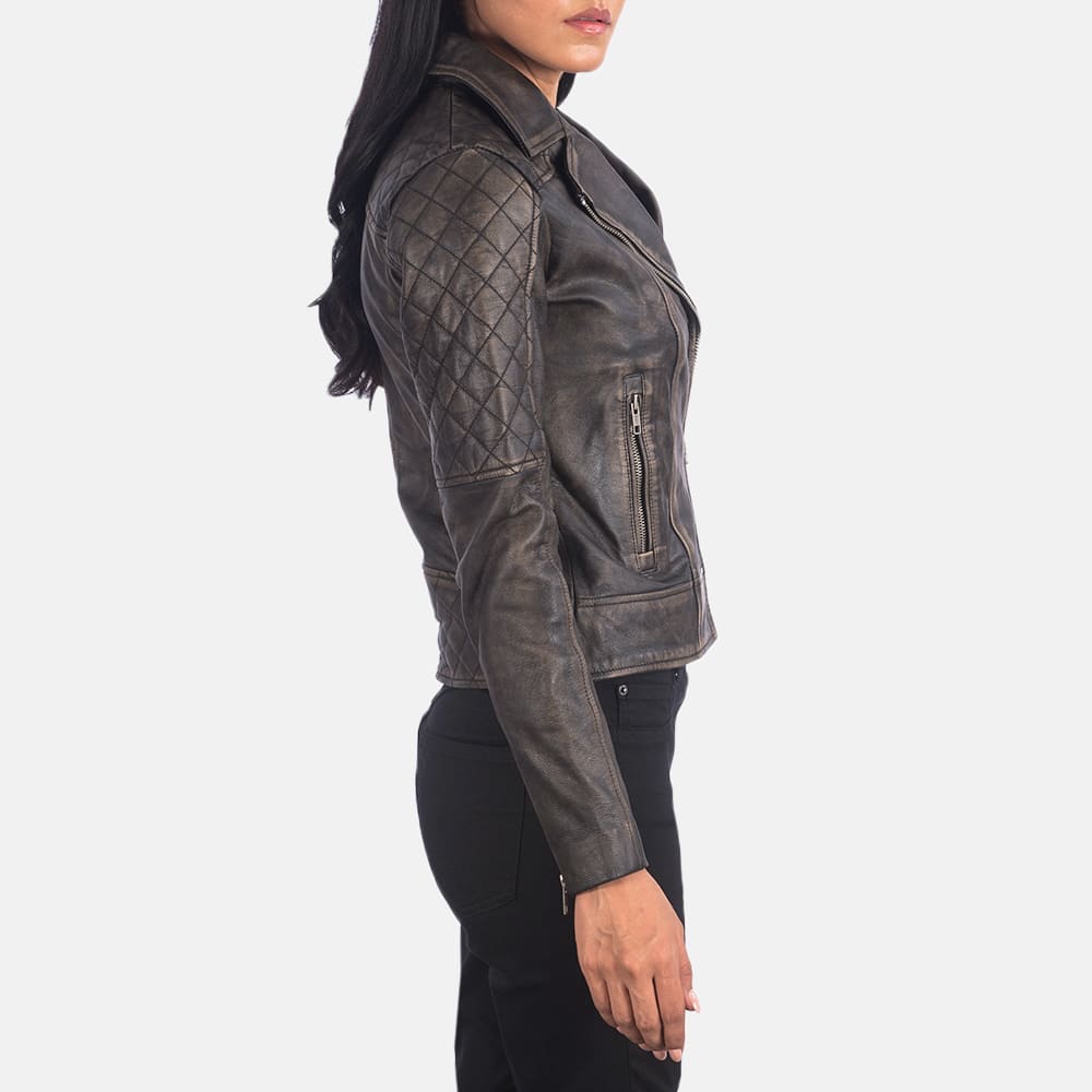 Outer Shell: Real Leather Leather Type: Goatskin Leather Finish: Rub-off Inner Shell: Quilted Polyester Lining Closure Style: Zipper Collar Style: Notch Cuff Style: Zipper Outside Pockets: Two Inside Pockets: Two Color: Distressed Brown