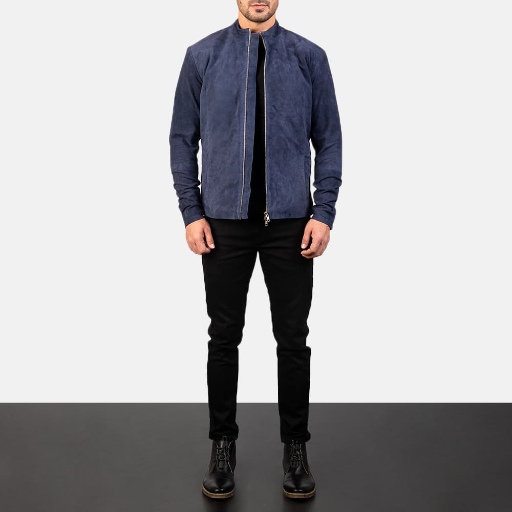 Azure Edge Navy Blue Suede Biker Jacket