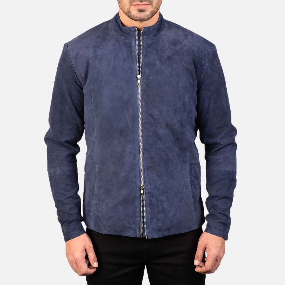 Azure Edge Navy Blue Suede Biker Jacket