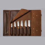 Brown full grain cow leather chef knife roll holding 6 knives with shoulder strap and zipper pocket