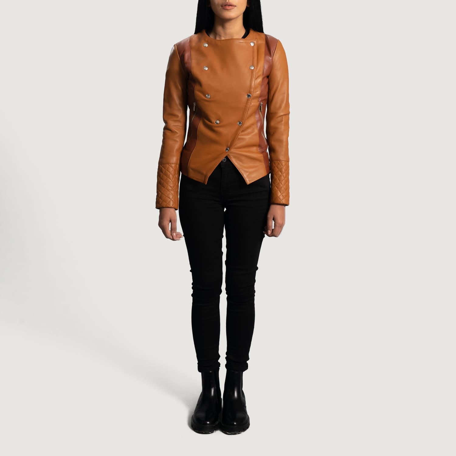 Sienna Tan Overlap Leather Jacket for Women