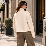 Women’s Cream Leather Funnel Neck Jacket – Fitted High Neck Zip Jacket