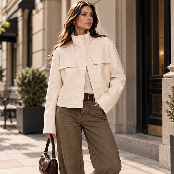 Women’s Cream Leather Funnel Neck Jacket – Fitted High Neck Zip Jacket
