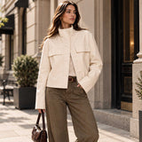 Women’s Cream Leather Funnel Neck Jacket – Fitted High Neck Zip Jacket