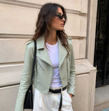 mint green leather jacket, cropped moto jacket women, sheepskin leather jacket, womens biker jacket, pastel green leather jacket, cropped leather coat, luxury women jacket, genuine leather moto jacket, mint biker jacket, womens streetwear jacket