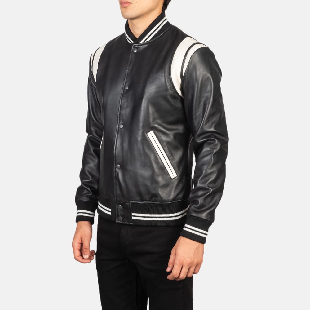 Vandro Black & White Leather Varsity Jacket for Men