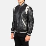 Vandro Black & White Leather Varsity Jacket for Men